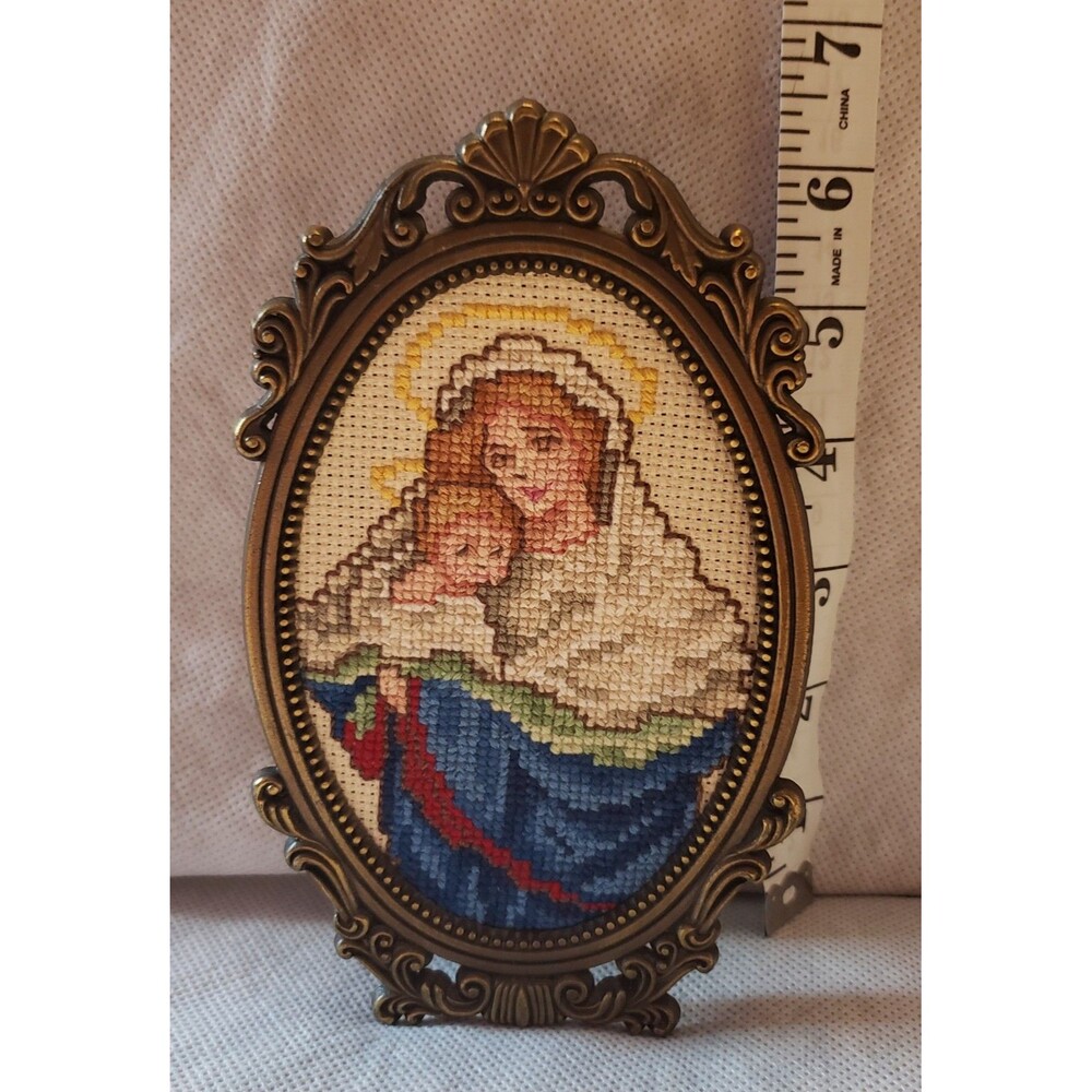 Vintage Needlepoint Virgin Mary Mother of God  & Baby Jesus Ornate Metal Frame